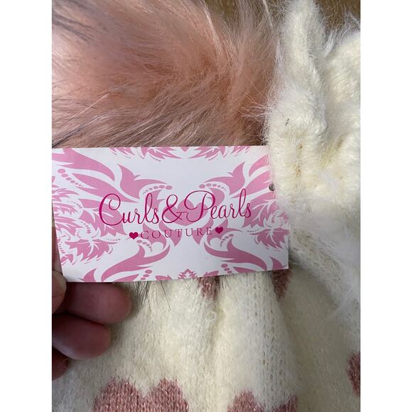 NWT Curls & Pearls couture cream pom hat with hearts and mittens - Picture 4 of 5